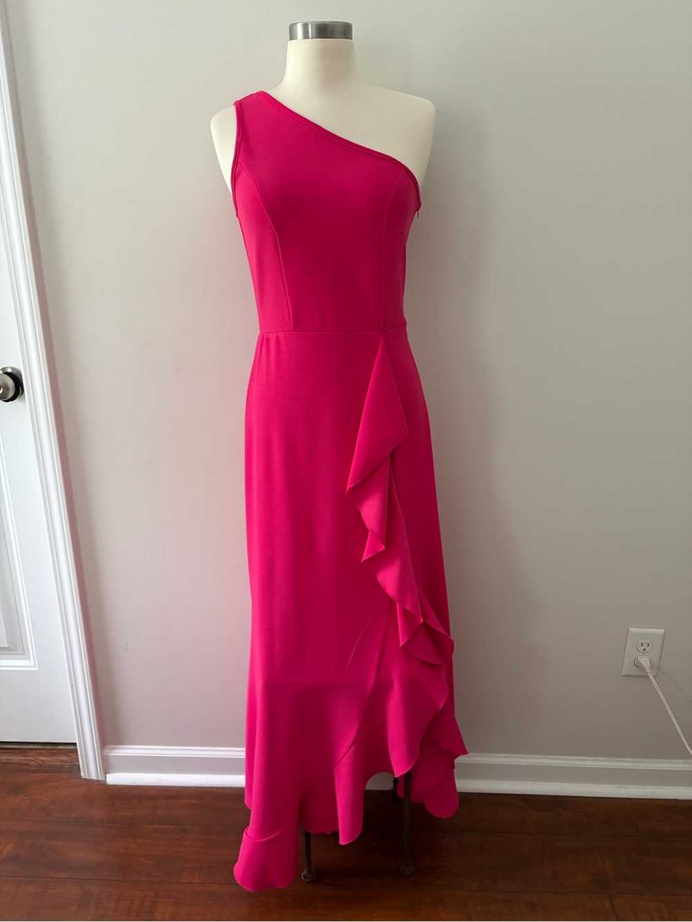 BTFBM One-Shoulder Fuchsia Ruffle Slit Dress S Barbiecore Modern Romance Hoco